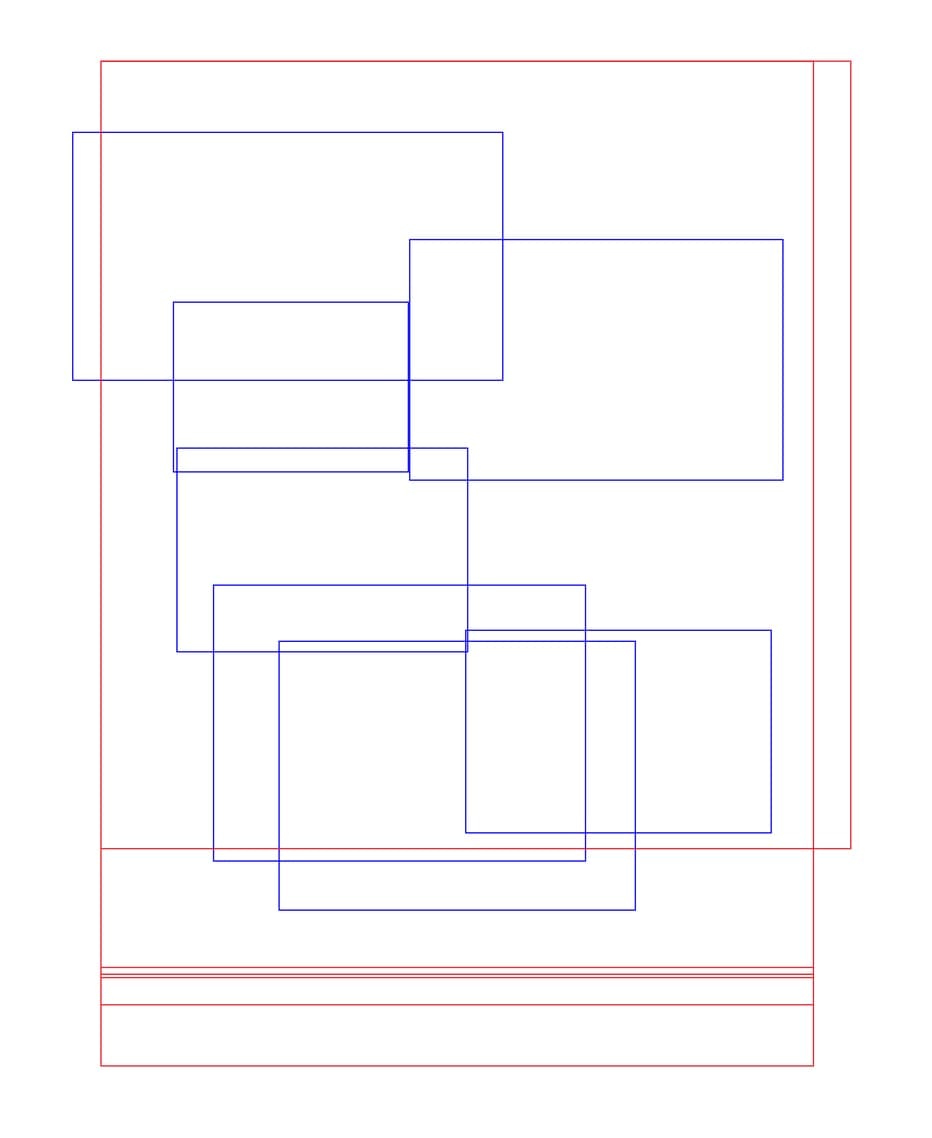 Computer generated vector image of overlapping rectangles: large tall rectangles rendered in red outlines aligned based on their top left corners, and smaller wide rectangles of varying sizes rendered in blue overlapping one another across it.